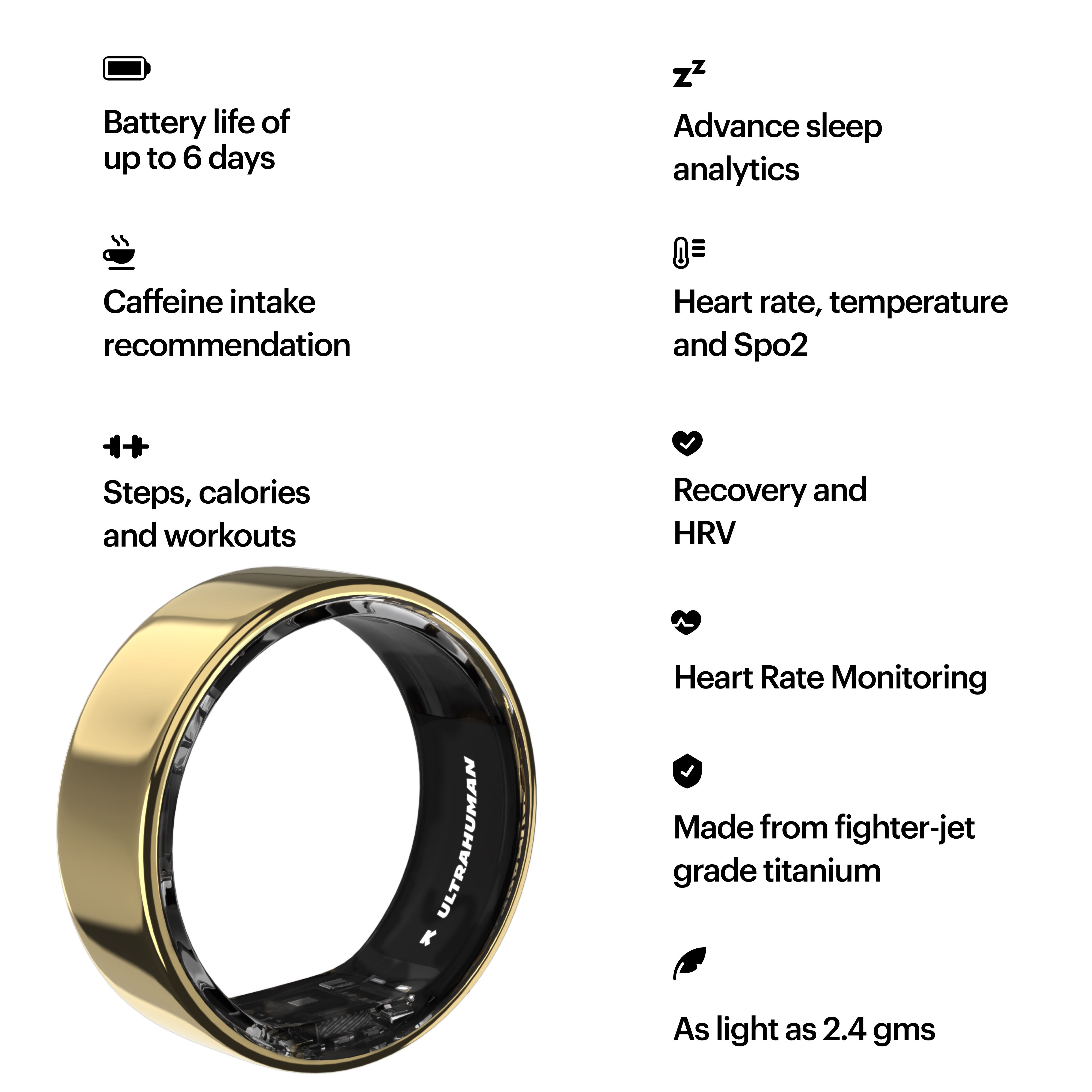 Bague dorée avec des fonctionnalités comme la durée de vie de la batterie et la surveillance de la fréquence cardiaque.
