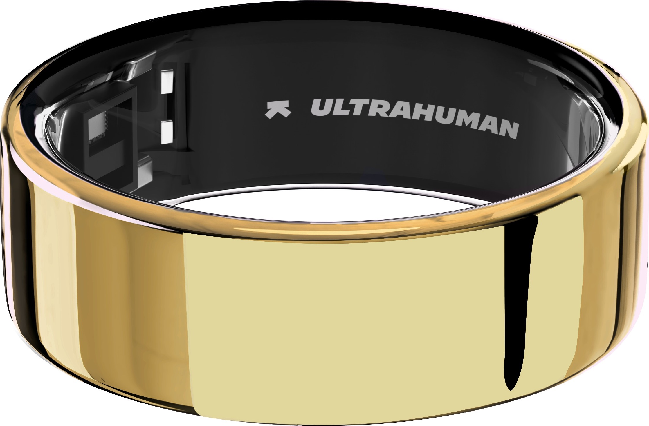 Une bague dorée avec un intérieur noir. Le texte 'ULTRAHUMAN' est visible. La bague a une surface brillante et réfléchissante.