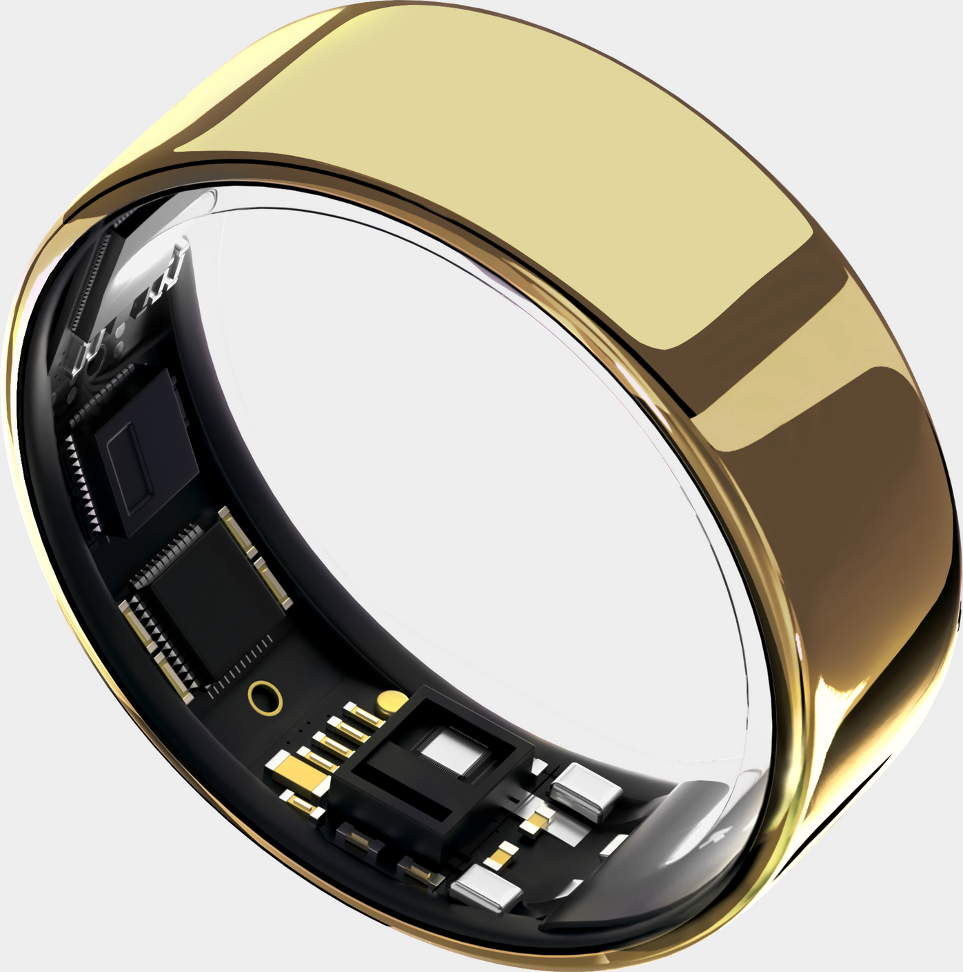 Une bague intelligente dorée, montrant les circuits et composants internes, sur un fond blanc.
