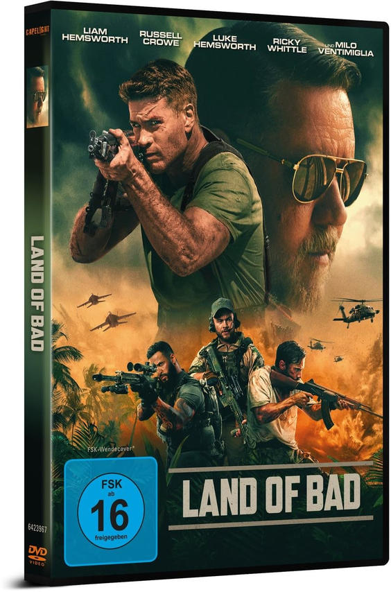 Filmposter für 'Land of Bad'. Liam Hemsworth und Russell Crowe sind zu sehen, mit Actionszenen und Dschungel-Kulisse.