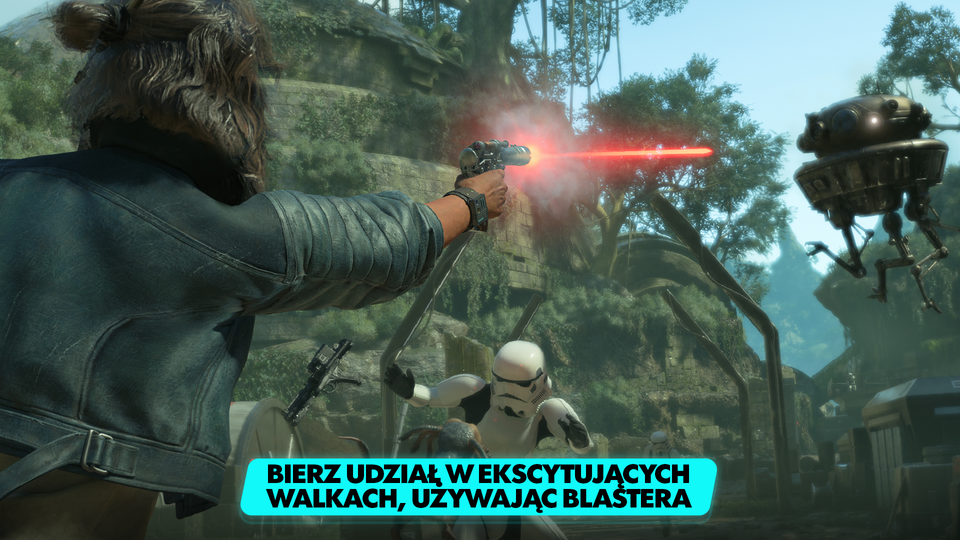 Scena z gry Star Wars z osobą strzelającą z blastera do szturmowca i drona w lesie.
