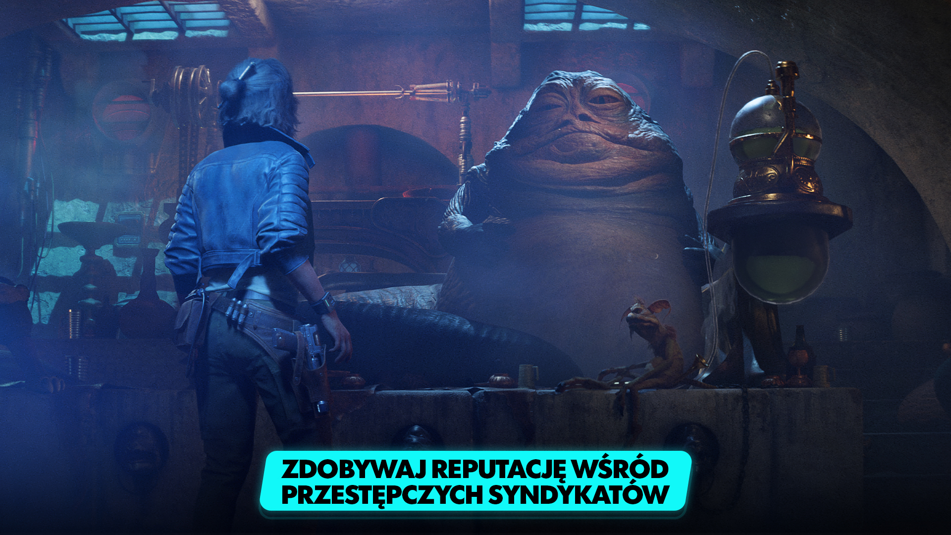 Scena z gry wideo. Postać stoi naprzeciwko Jabby the Hutta, w ciemnym pokoju.