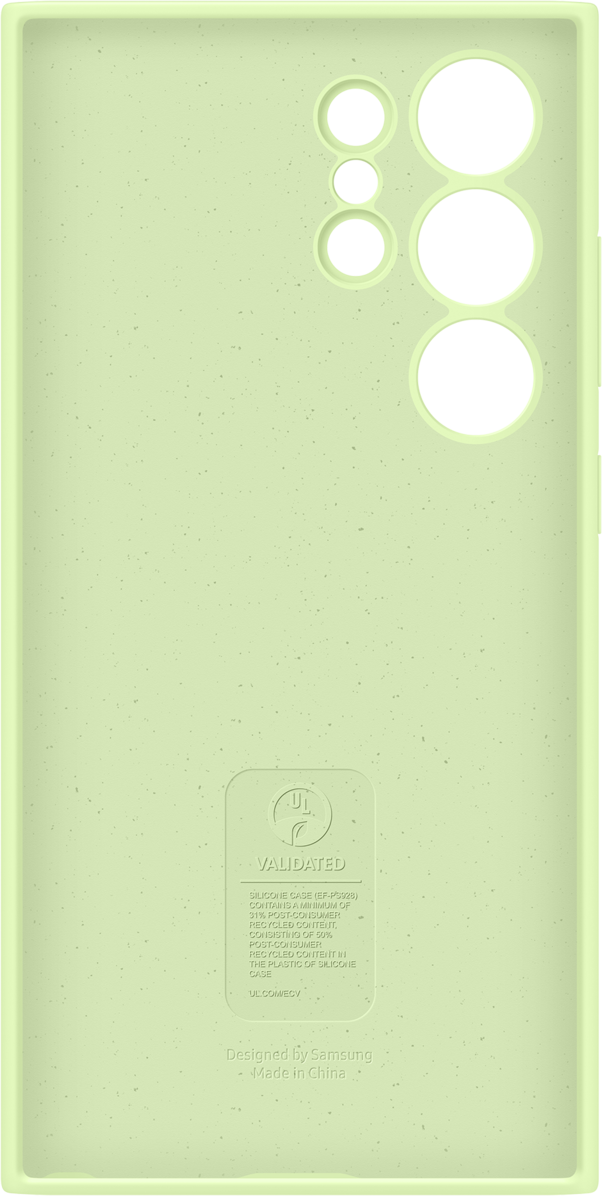 Retro di una custodia per telefono verde chiaro, con tre ritagli per fotocamera e un logo.
