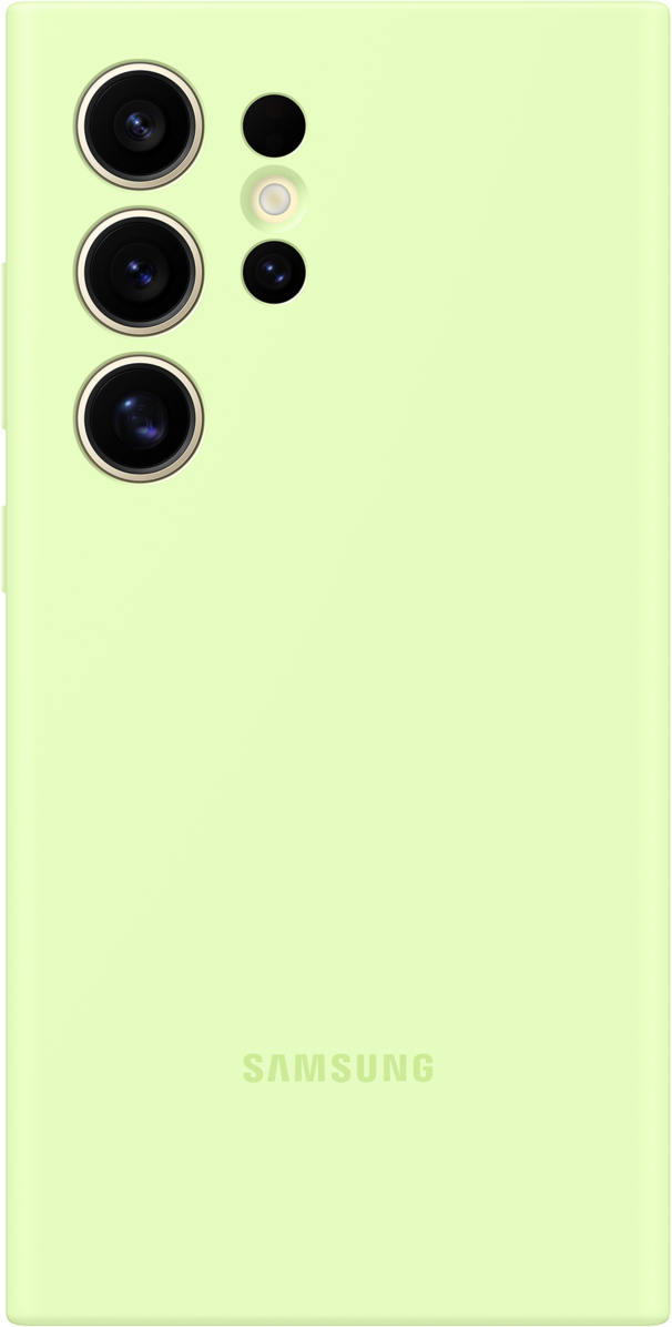 Retro del telefono verde con quattro fotocamere e logo Samsung.