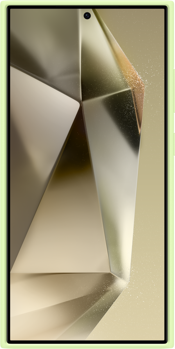Primo piano di uno schermo di telefono con un design geometrico su un bordo verde.