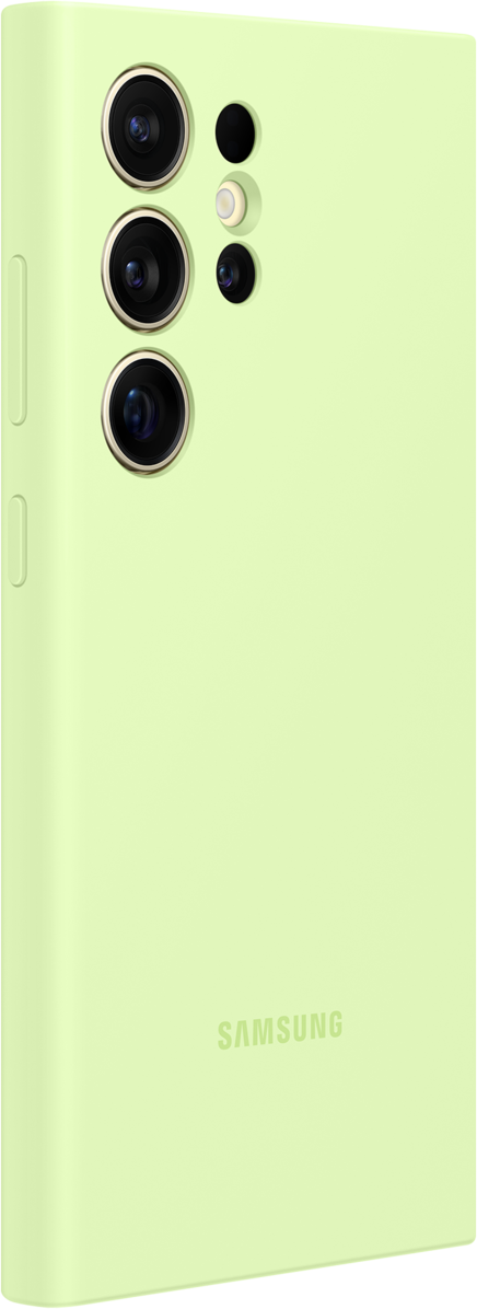 Un telefono verde chiaro con più fotocamere sul retro. Il telefono è in un ambiente studio.