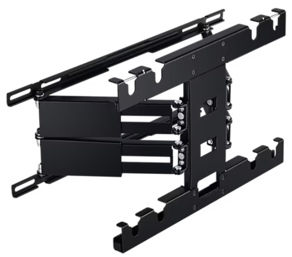 Czarny uchwyt ścienny do telewizora. Jest to w pełni przegubowy uchwyt wykonany z metalu.