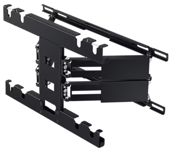Czarny uchwyt ścienny do telewizora. Ma ramiona i przeguby do regulacji pozycji telewizora.