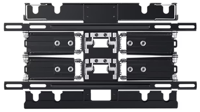 Czarny zestaw do montażu na ścianie TV z osprzętem i wspornikami.