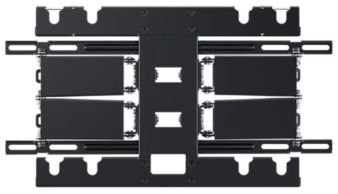 Czarny metalowy uchwyt ścienny do telewizora z wspornikami montażowymi. Jest przeznaczony do telewizora z płaskim ekranem.