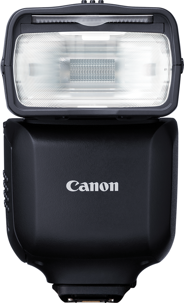 Un flash Canon noir avec le logo Canon sur le devant.