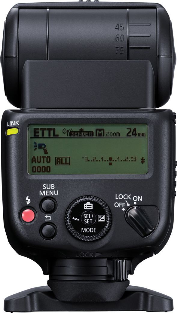 Un flash Canon Speedlite noir avec un écran numérique et des boutons.