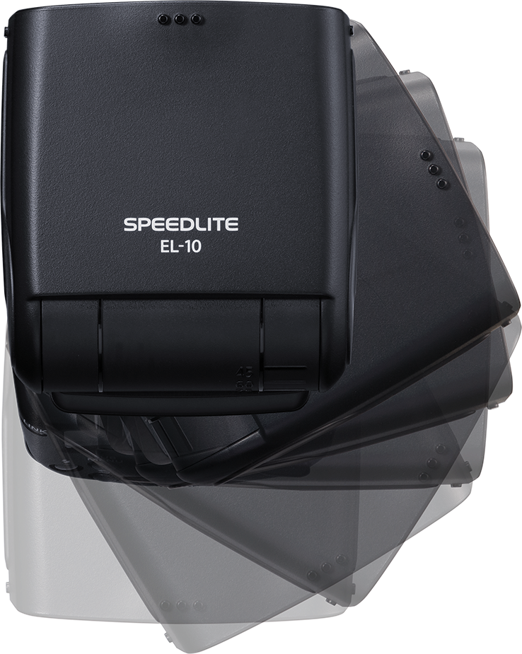 Flash Speedlite EL-10 noir, vue en angle. Fond noir.