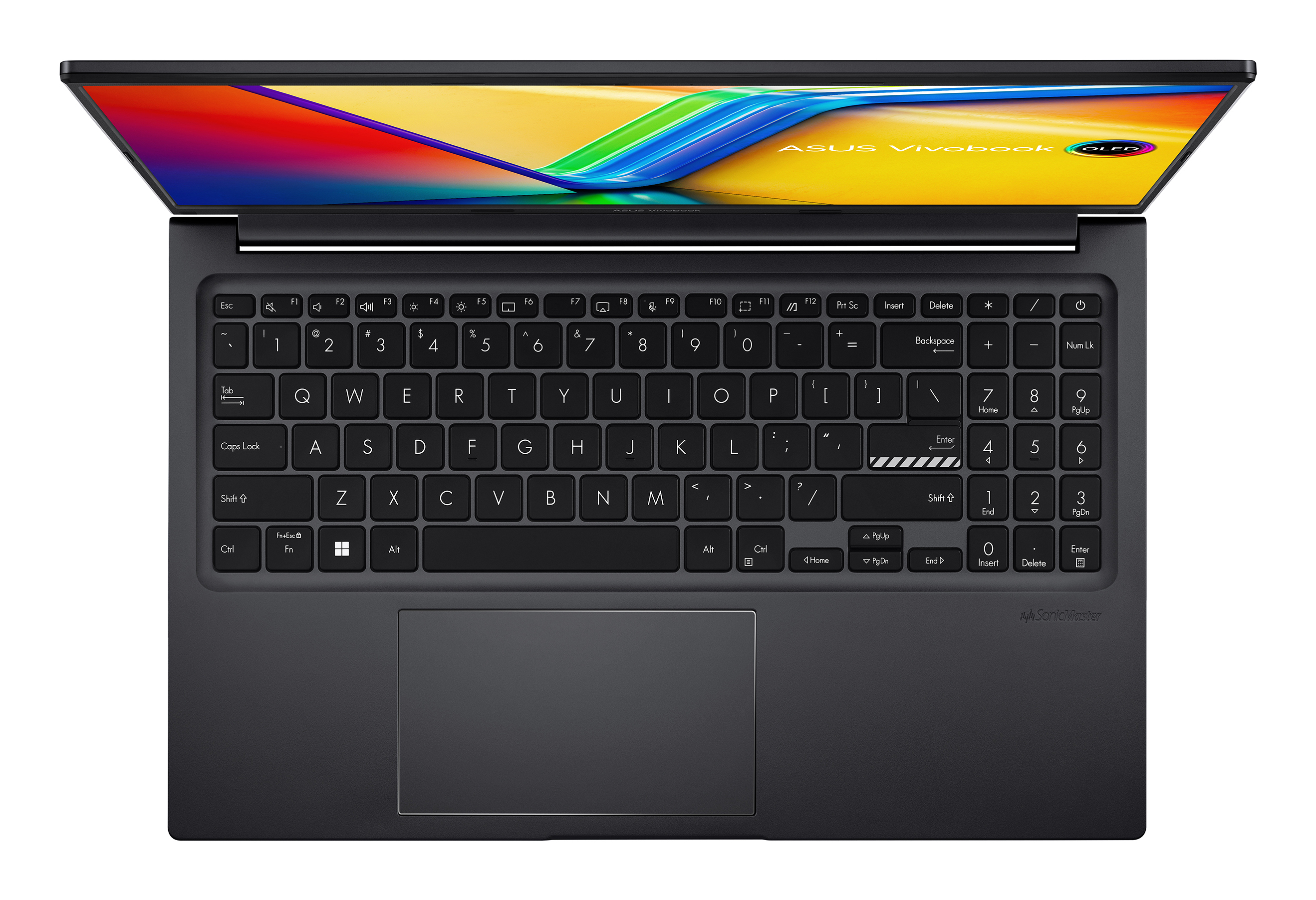 Vue de dessus d'un ordinateur portable noir avec écran ouvert, clavier et pavé tactile.