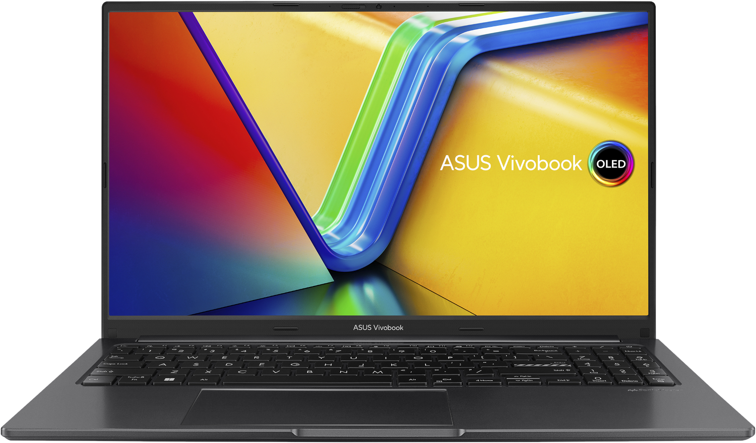Ordinateur portable ASUS Vivobook ouvert, écran coloré, clavier noir sur surface noire.