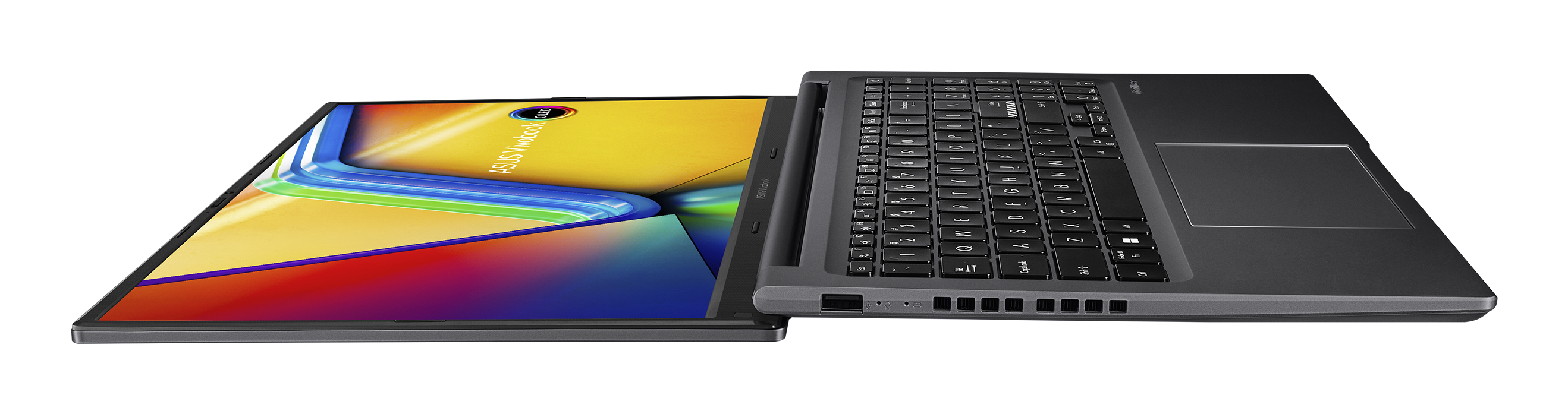 Vue de dessus d'un ordinateur portable ASUS Viewbook ouvert, écran et clavier visibles.