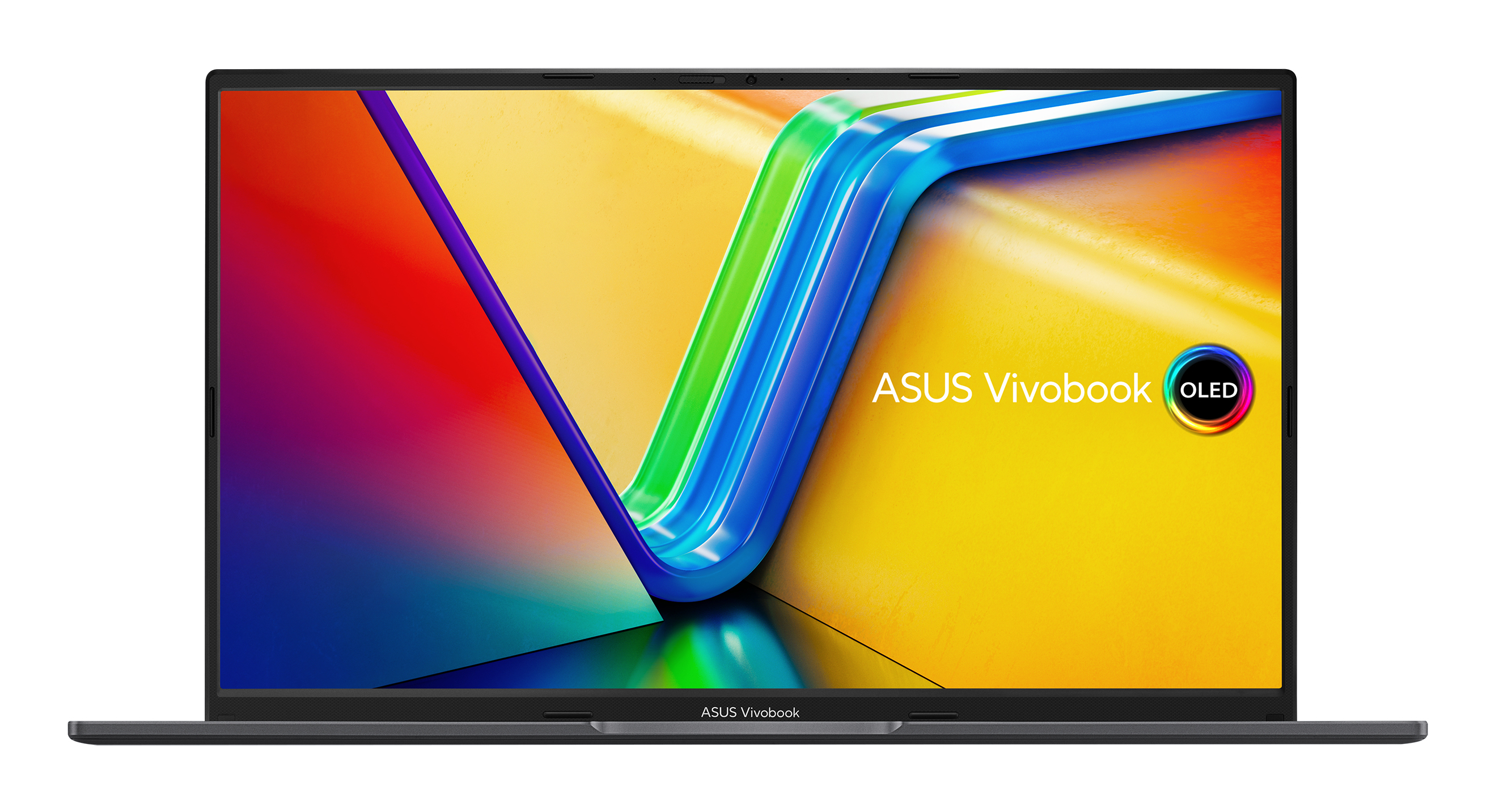 Un écran d'ordinateur portable affichant une image abstraite colorée. Logo ASUS Vivobook.