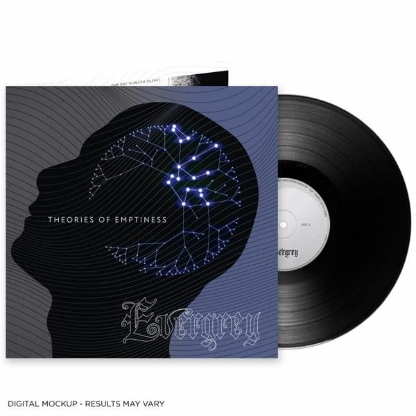 Vinyl-Albumcover mit schwarzer Silhouettenkopf und weißem Gehirnmuster. Bandname Evergrey.