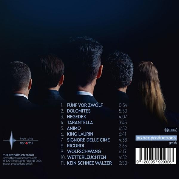 Albumcover mit Bandmitgliedern von hinten. Text enthält Songtitel und Längen.