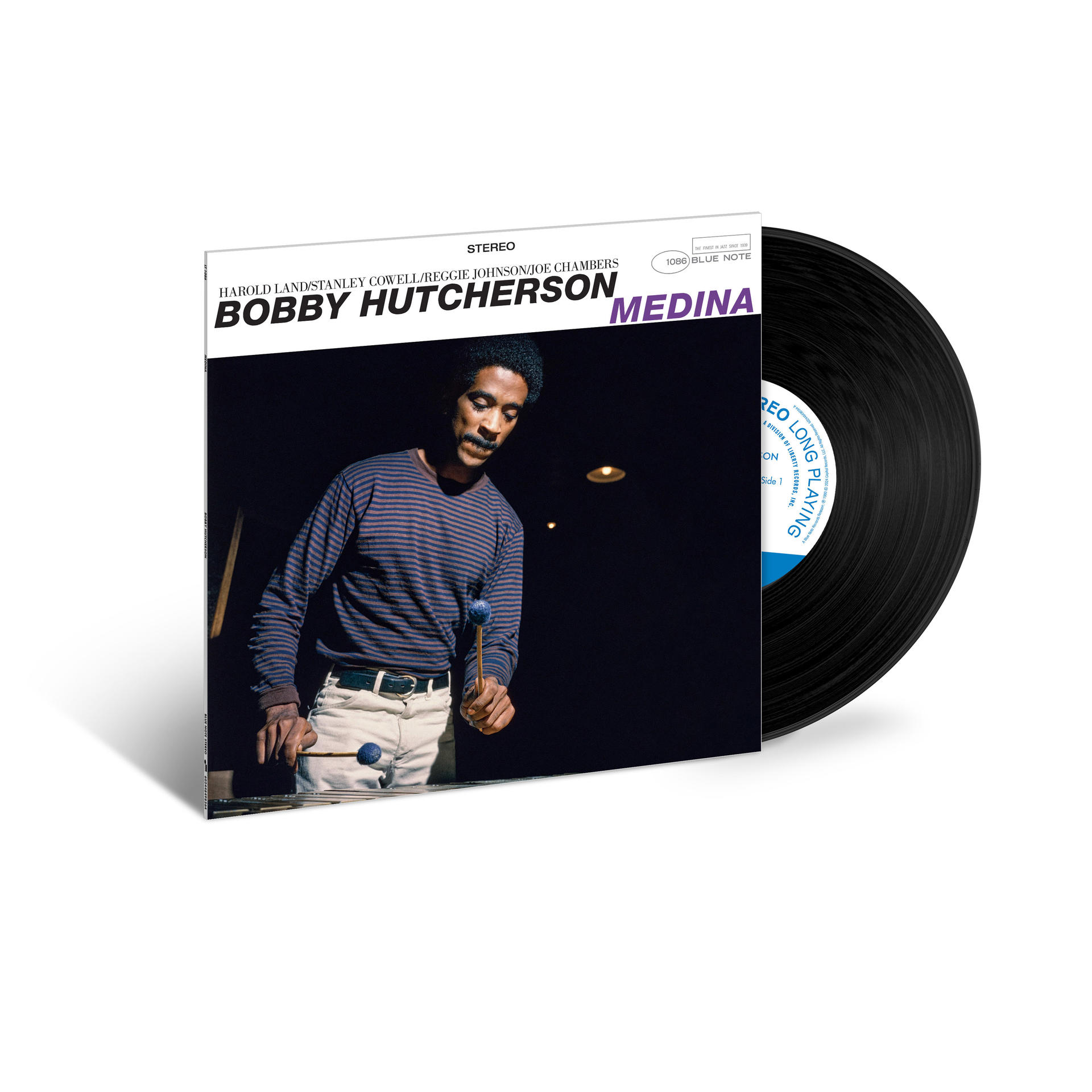 Vinyl-Schallplatte und Albumcover für Bobby Hutchersons Album "Medina" werden gezeigt.