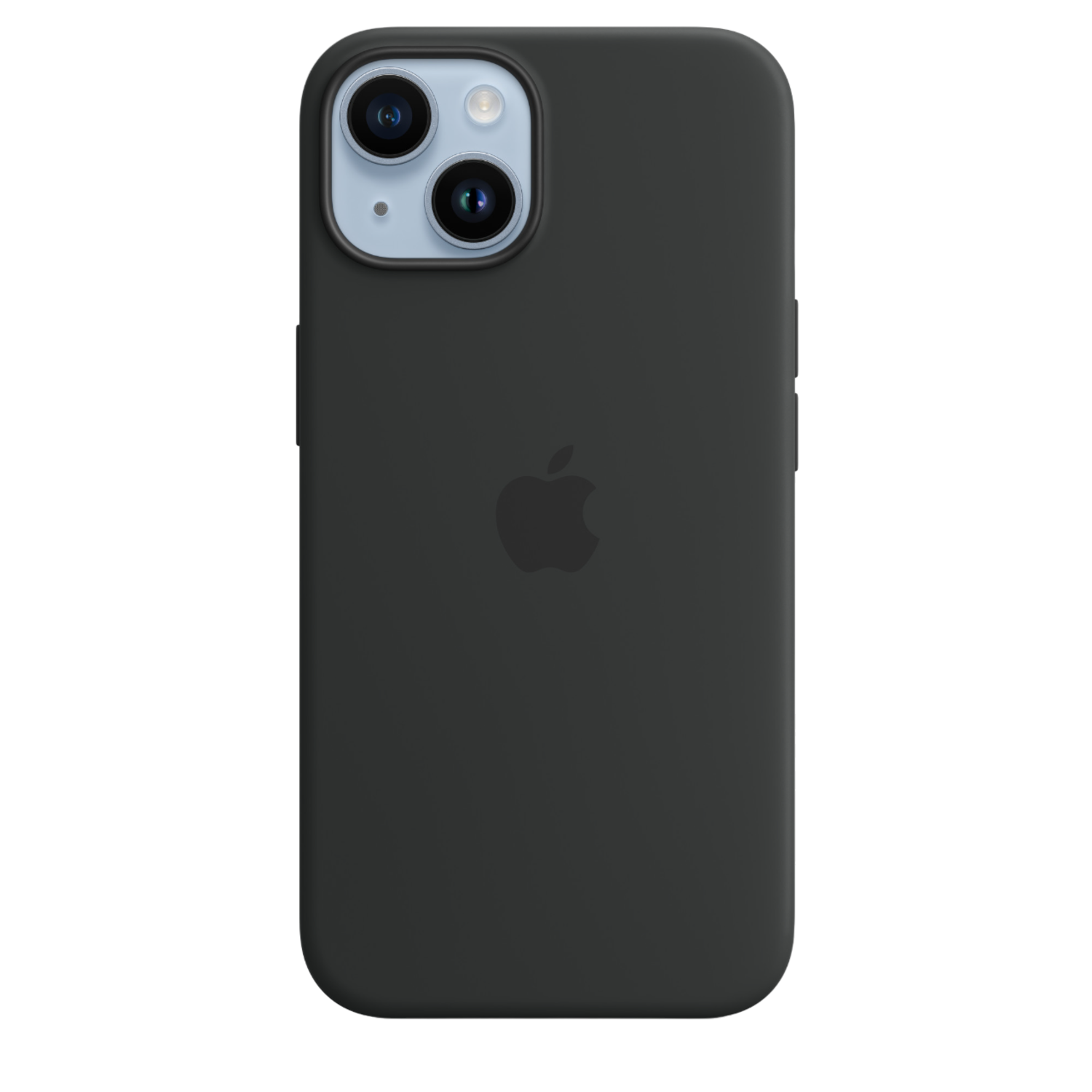 Zwarte iPhone-hoes. Het Apple-logo is zichtbaar. De camera heeft twee lenzen. De achterkant is effen en mat.