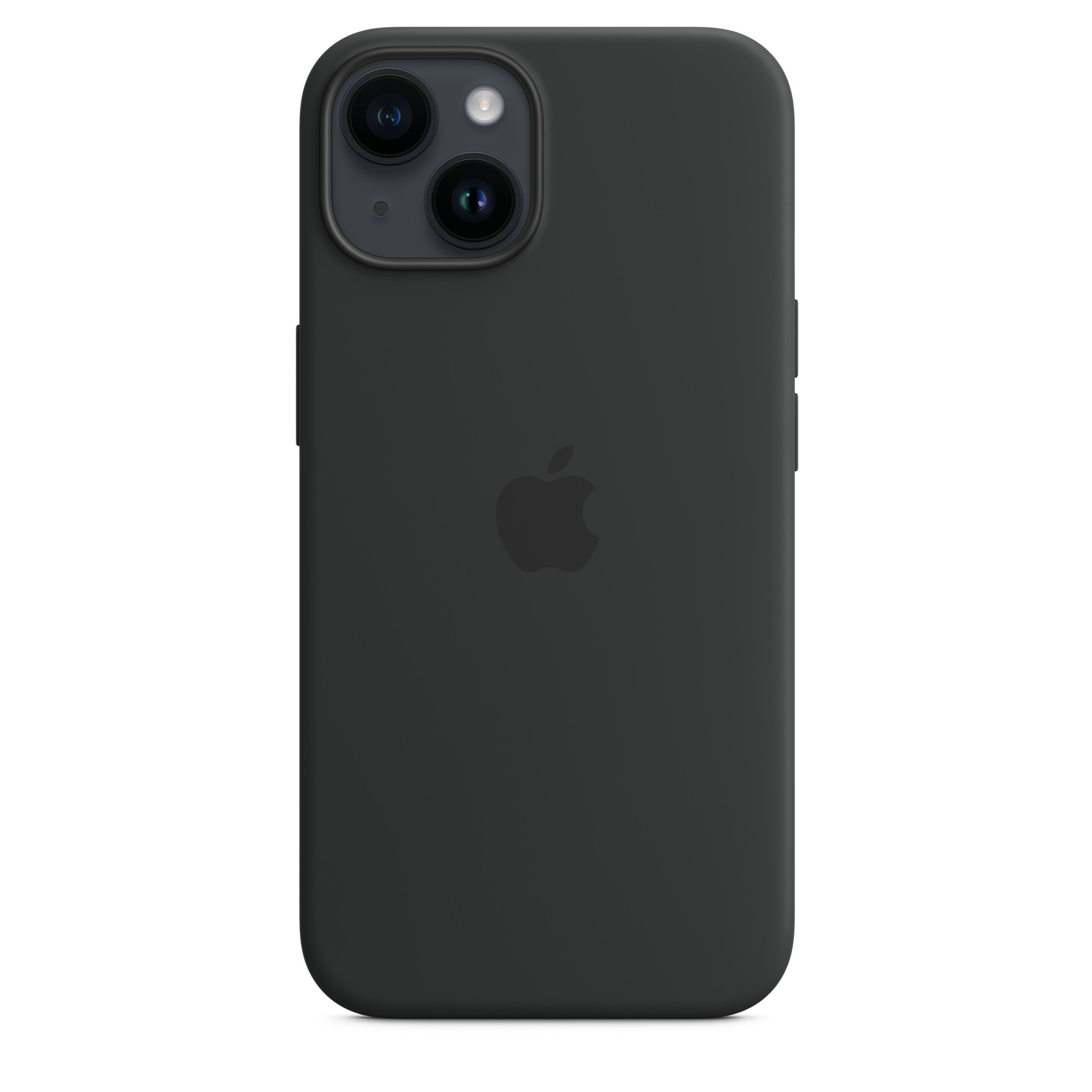 Een zwarte iPhone 14-hoes met dubbele camera's, een Apple-logo en een zwarte achtergrond.