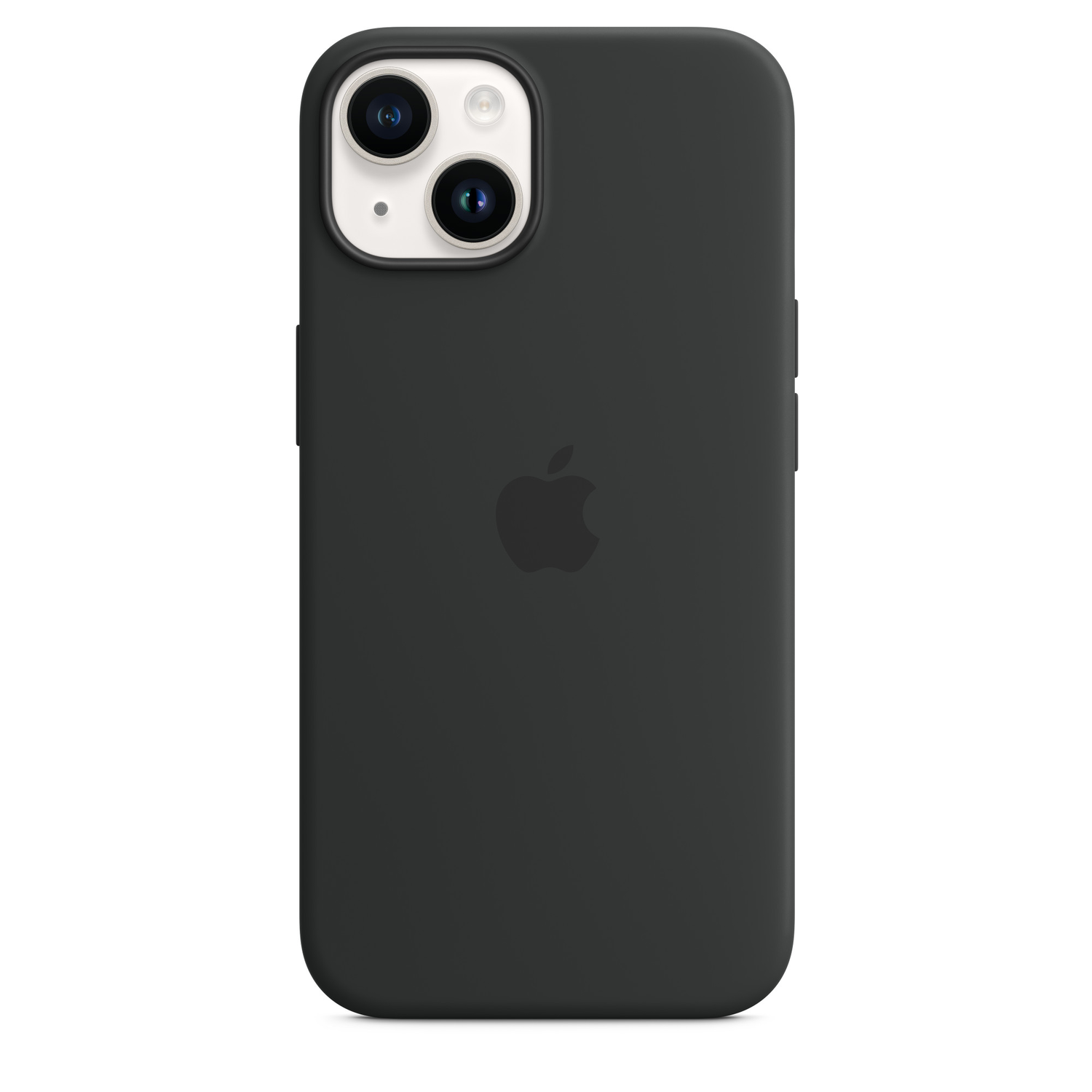 Zwarte iPhone met hoesje, achterkant, Apple logo.