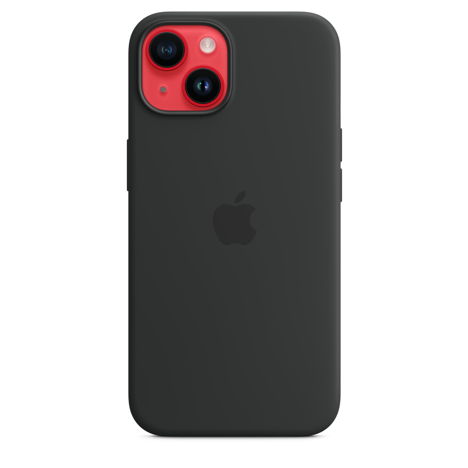 Zwarte telefoonhoes met Apple-logo. Rode cameralenzen zijn zichtbaar.