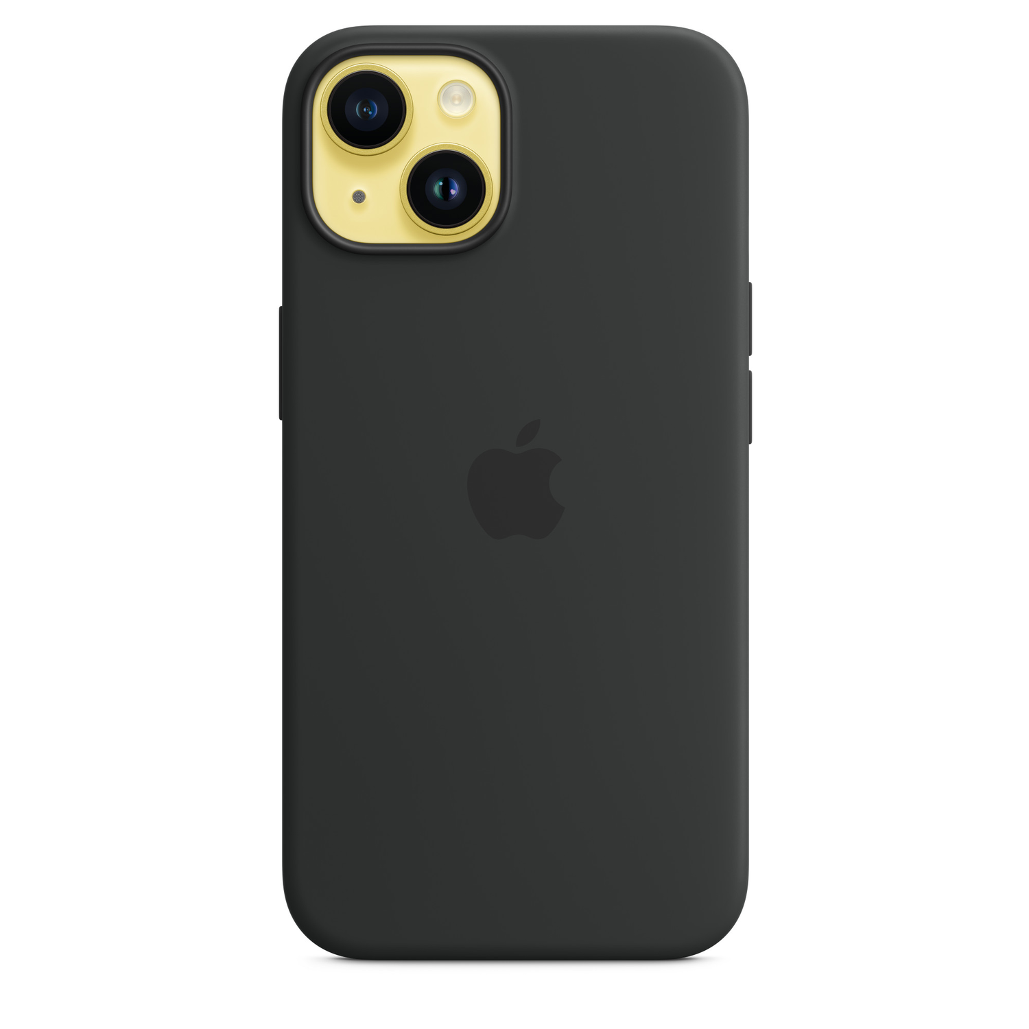 Een zwarte iPhone met een zwarte hoes, met de camera en het Apple-logo.