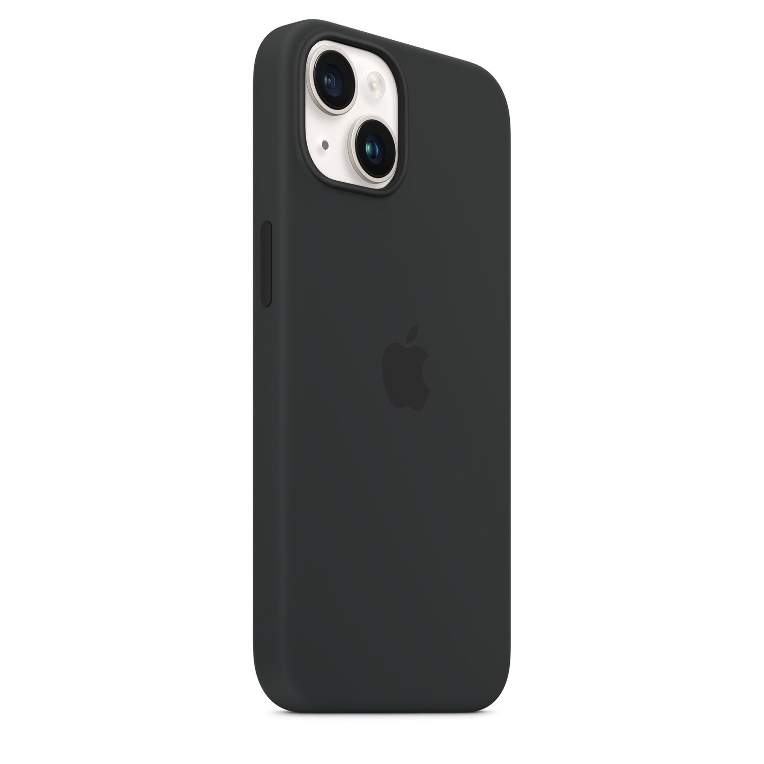 Zwarte iPhone-hoes met Apple-logo. Dubbele camera-opstelling zichtbaar. Effen zwarte kleur.