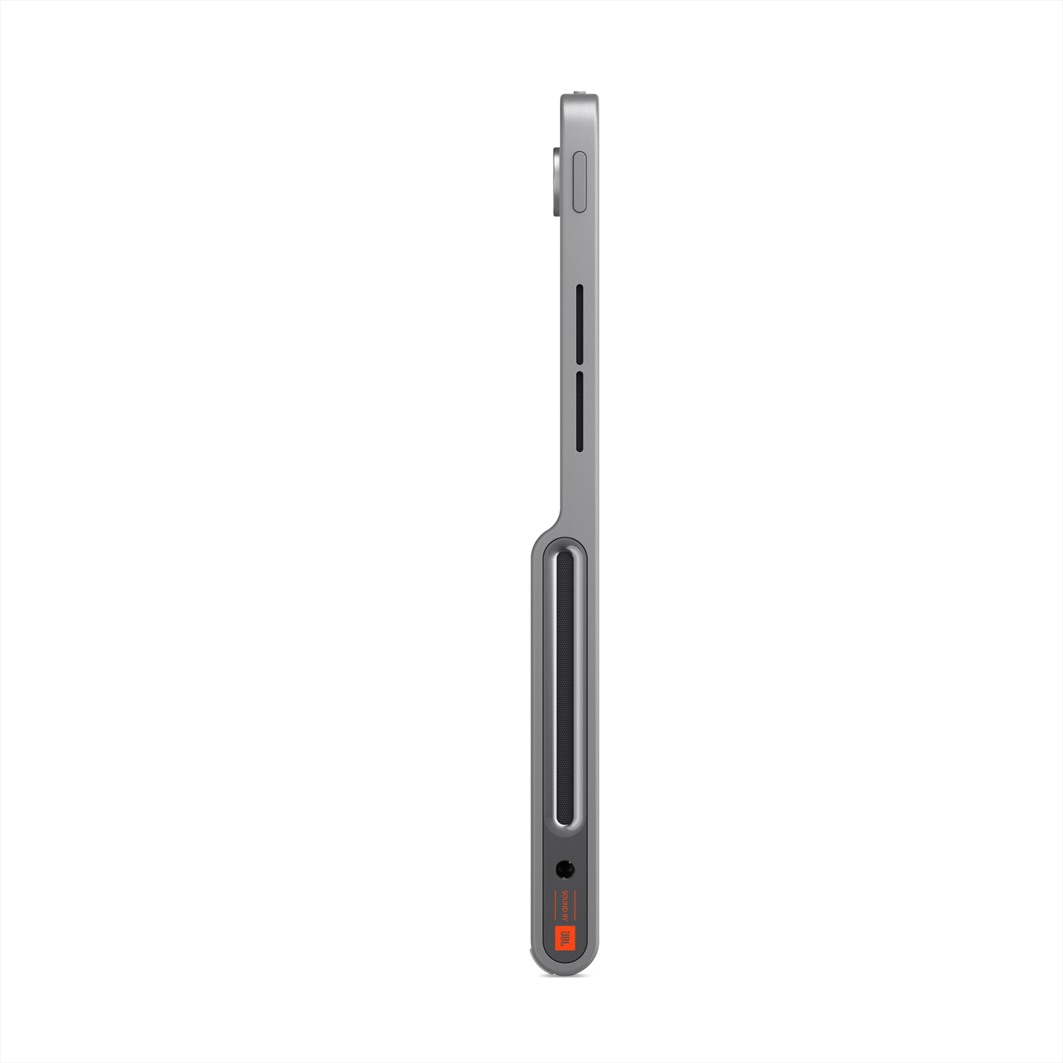 Side profile view of a silver tablet with a black speaker and a port.