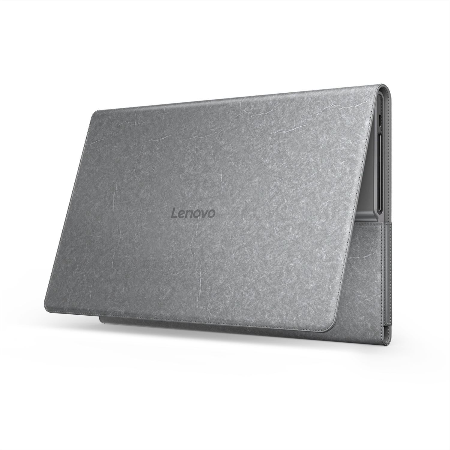 Grijze Lenovo tablethoes, gesloten. Gladde leerachtige textuur. Lenovo-logo zichtbaar. Strak design.
