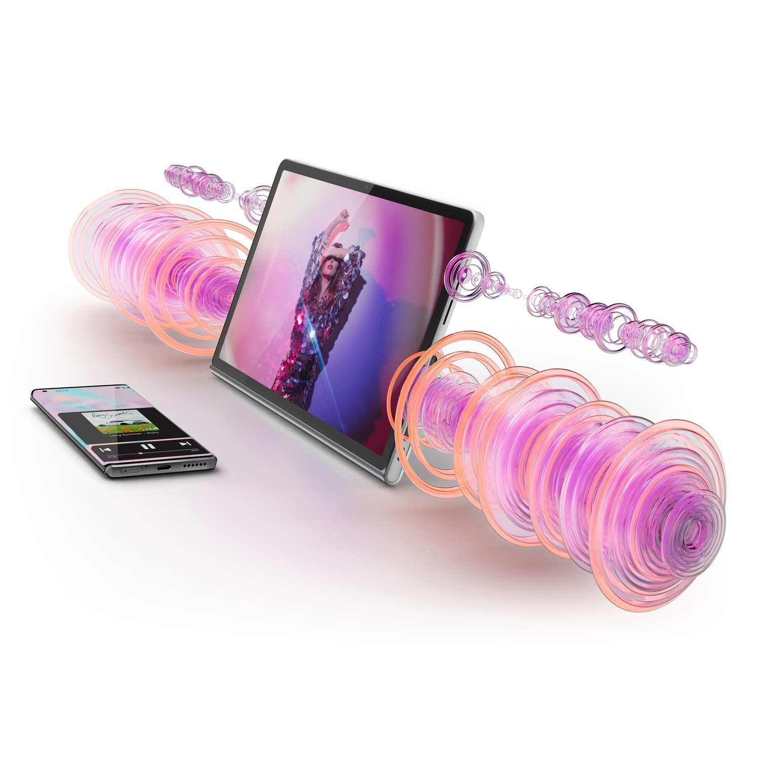 Tablet en telefoon met geluidsgolven die gegevensoverdracht aangeven.