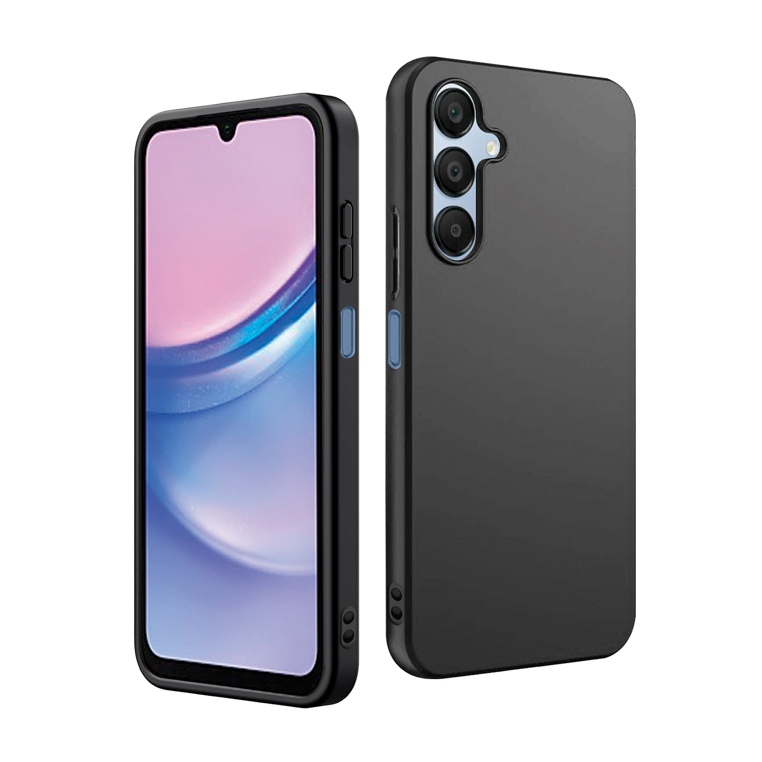 Due custodie nere per telefono, una con un telefono che mostra un'immagine. Entrambe le custodie hanno ritagli per la fotocamera.