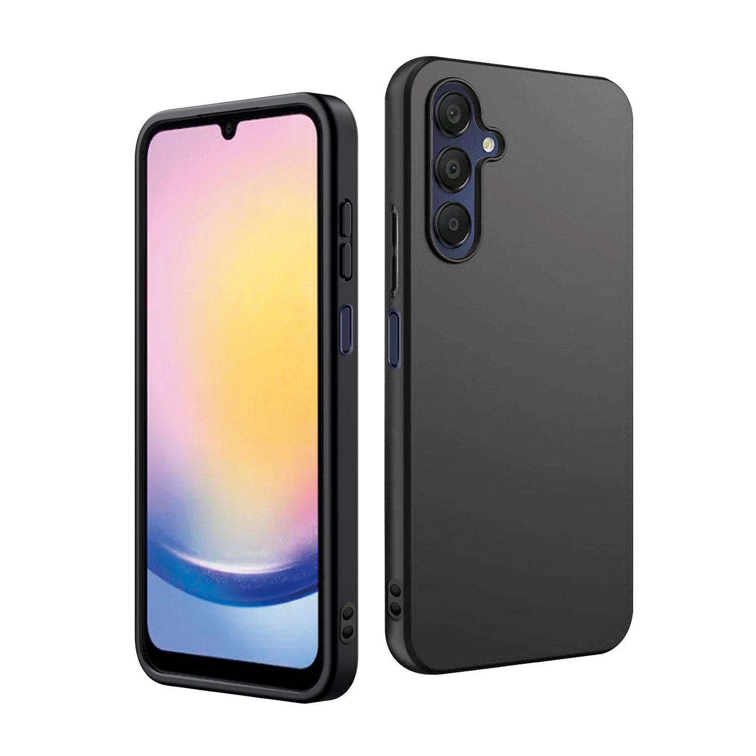 Telefono e custodia neri, due viste. Schermo del telefono visibile.