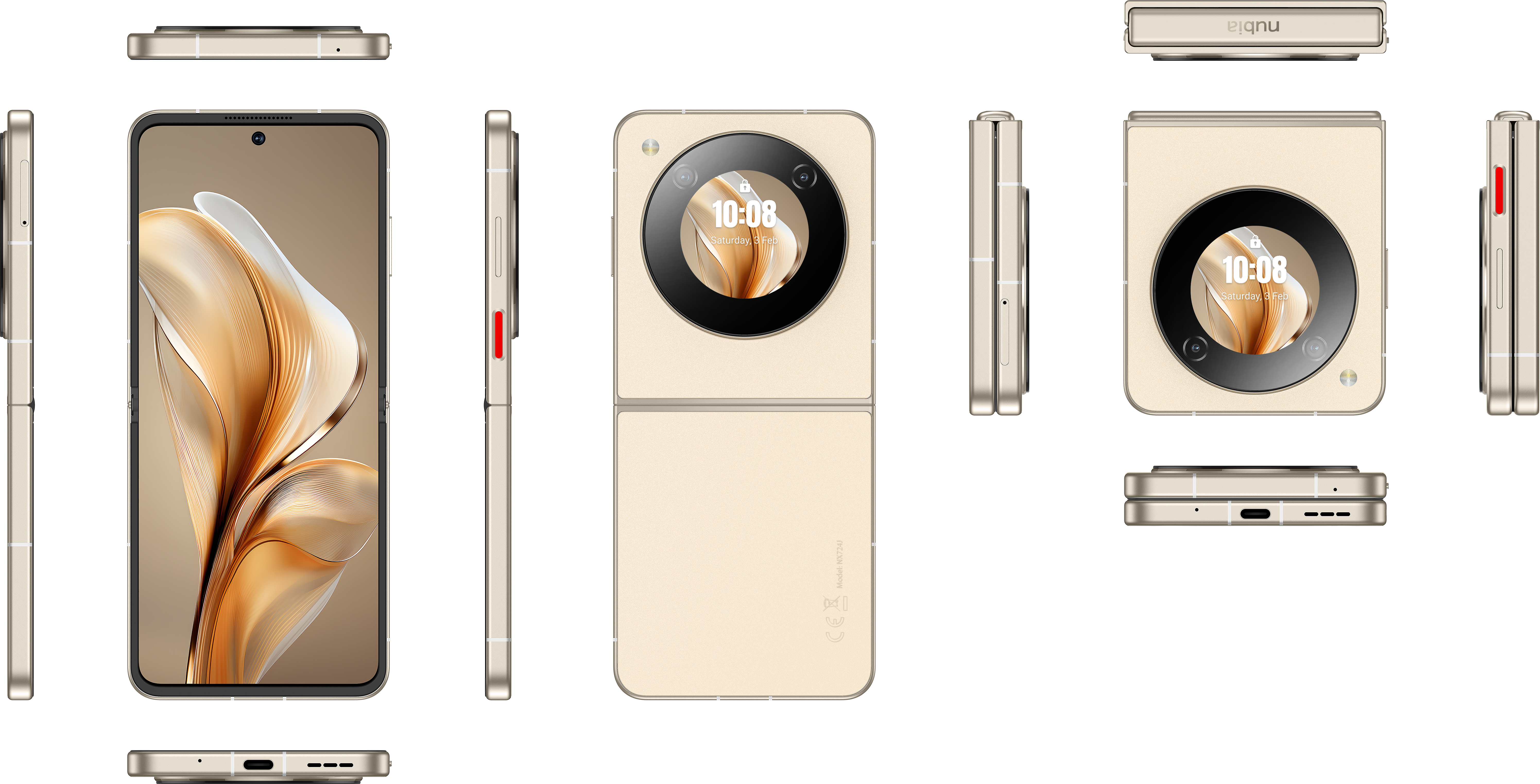 Goldenes faltbares Telefon, geschlossene und offene Ansichten, mit kreisförmigem Kameramodul und gewelltem Bildschirm.
