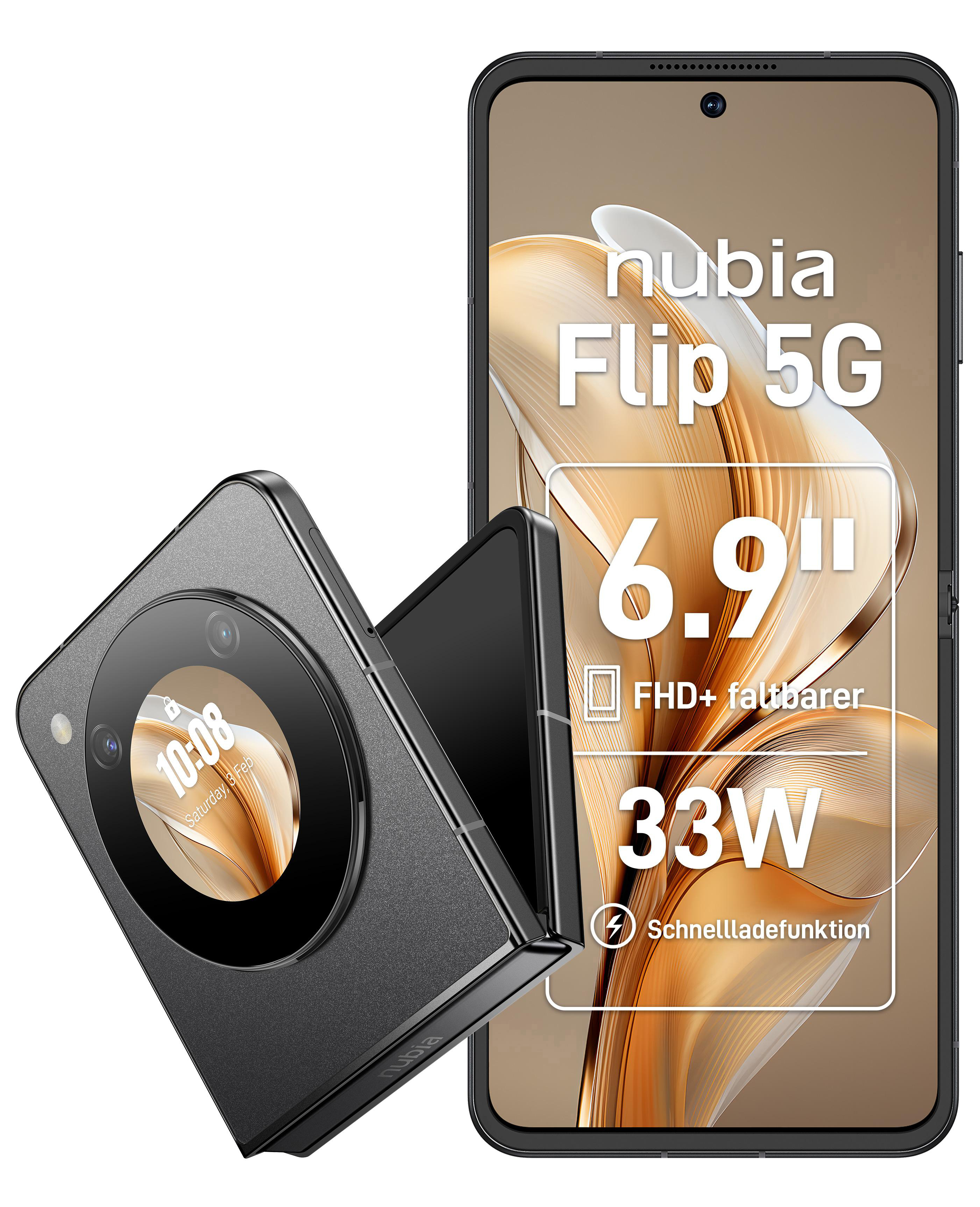 Ein faltbares graues Telefon, teilweise geöffnet, mit Text und Symbolen auf dem Bildschirm.