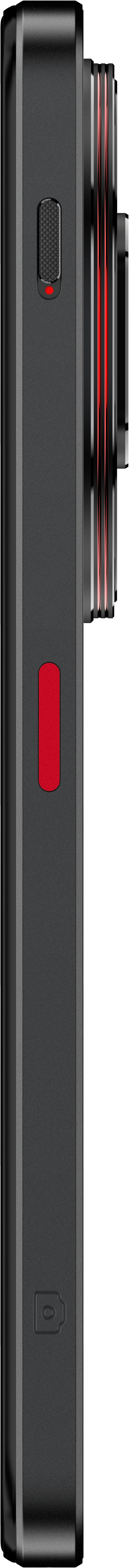 Seitenansicht einer schwarzen Kamera mit rotem Knopf an der Seite.