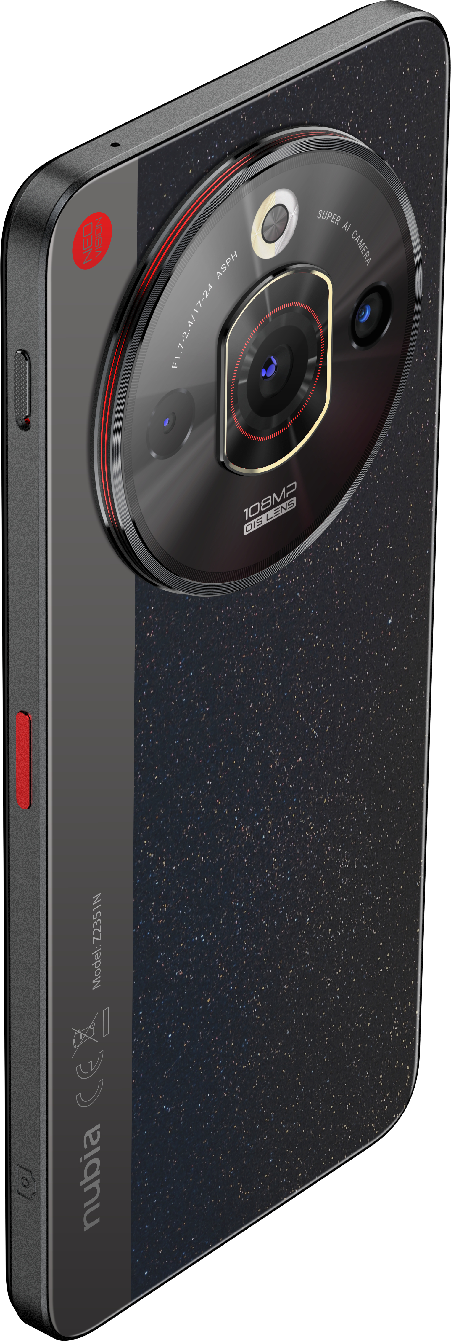 Ein schwarzes Smartphone, Rückansicht, mit großem Kameramodul und roten Akzenten.