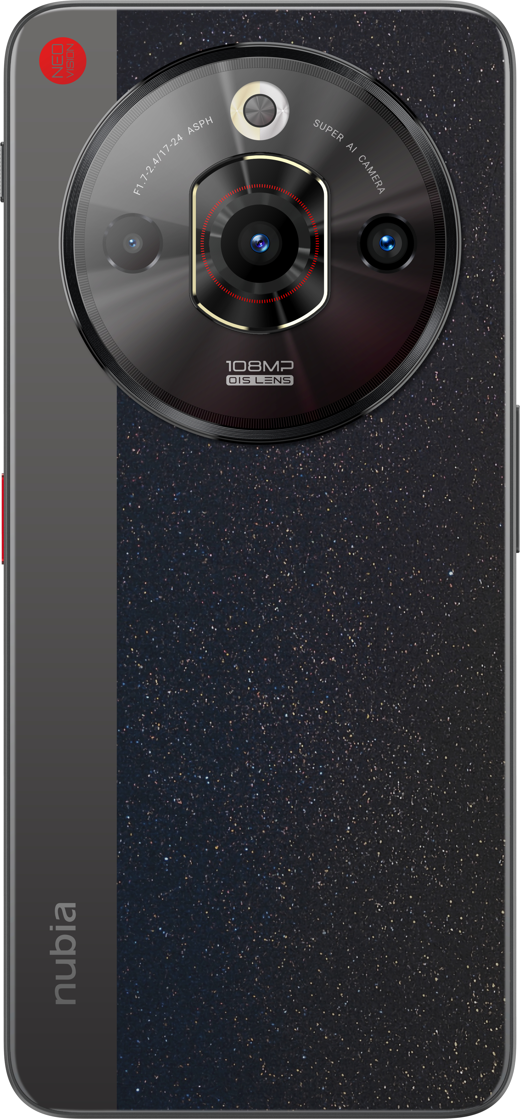 Rückseite eines schwarzen Telefons mit großem Kamera-Array und Nubia-Logo.