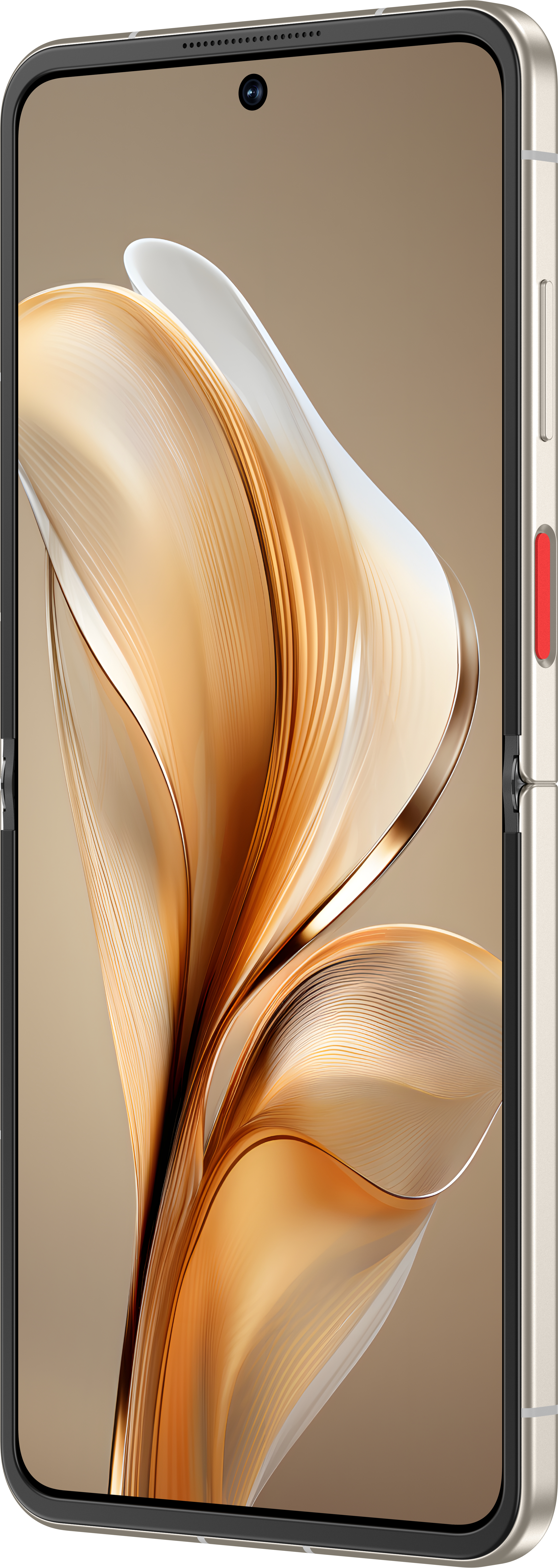 Faltbares Gold-Telefon. Der Bildschirm zeigt abstrakte Linien. Die Seite hat einen roten Knopf.