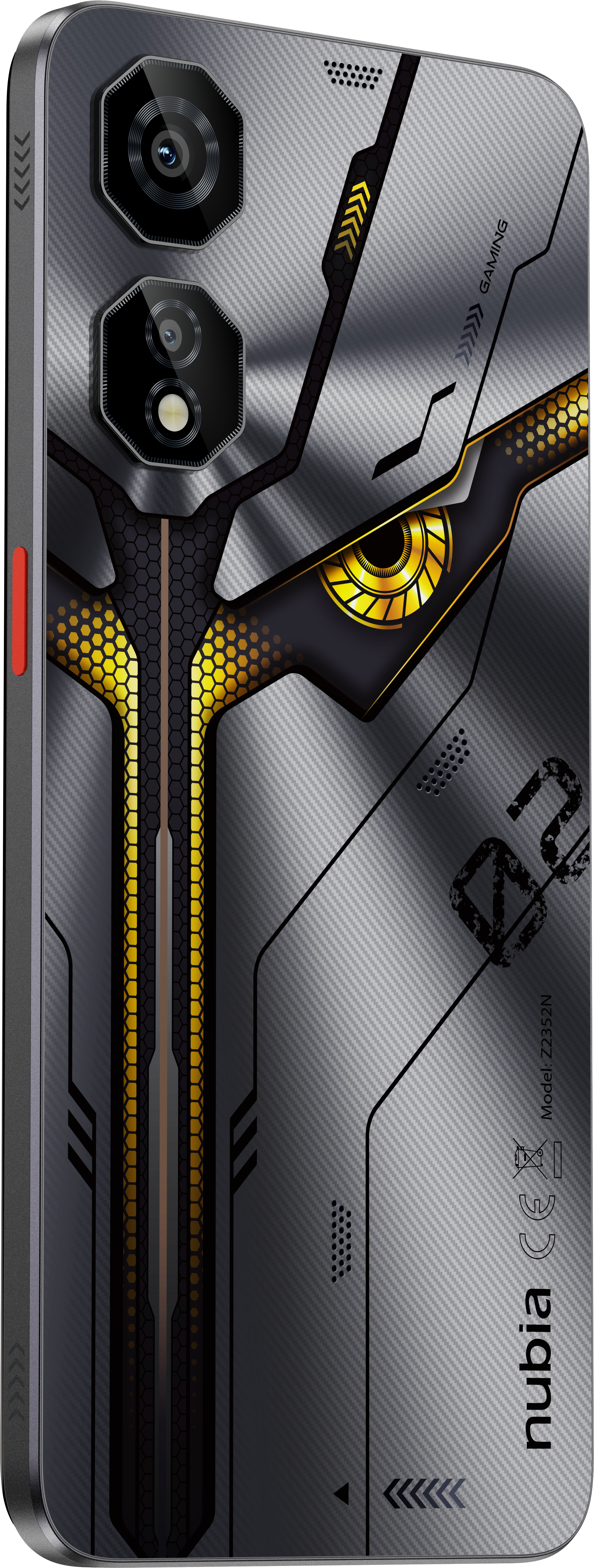 Graues und schwarzes Telefondesign mit Kamera und goldenen Akzenten.