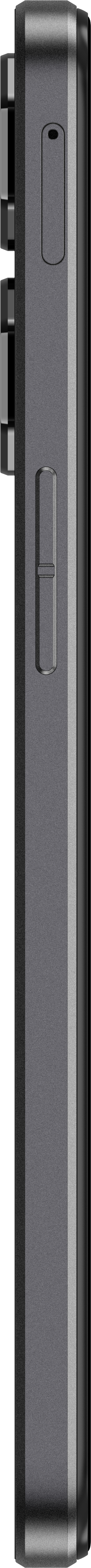 Seitenansicht eines schwarzen Smartphones mit Tasten und Kamera.