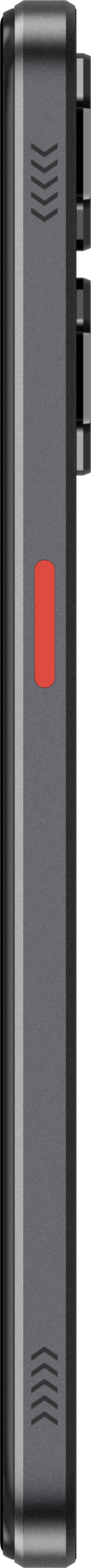 Seitenansicht eines schwarzen Smartphones mit roter Taste und Kamera.