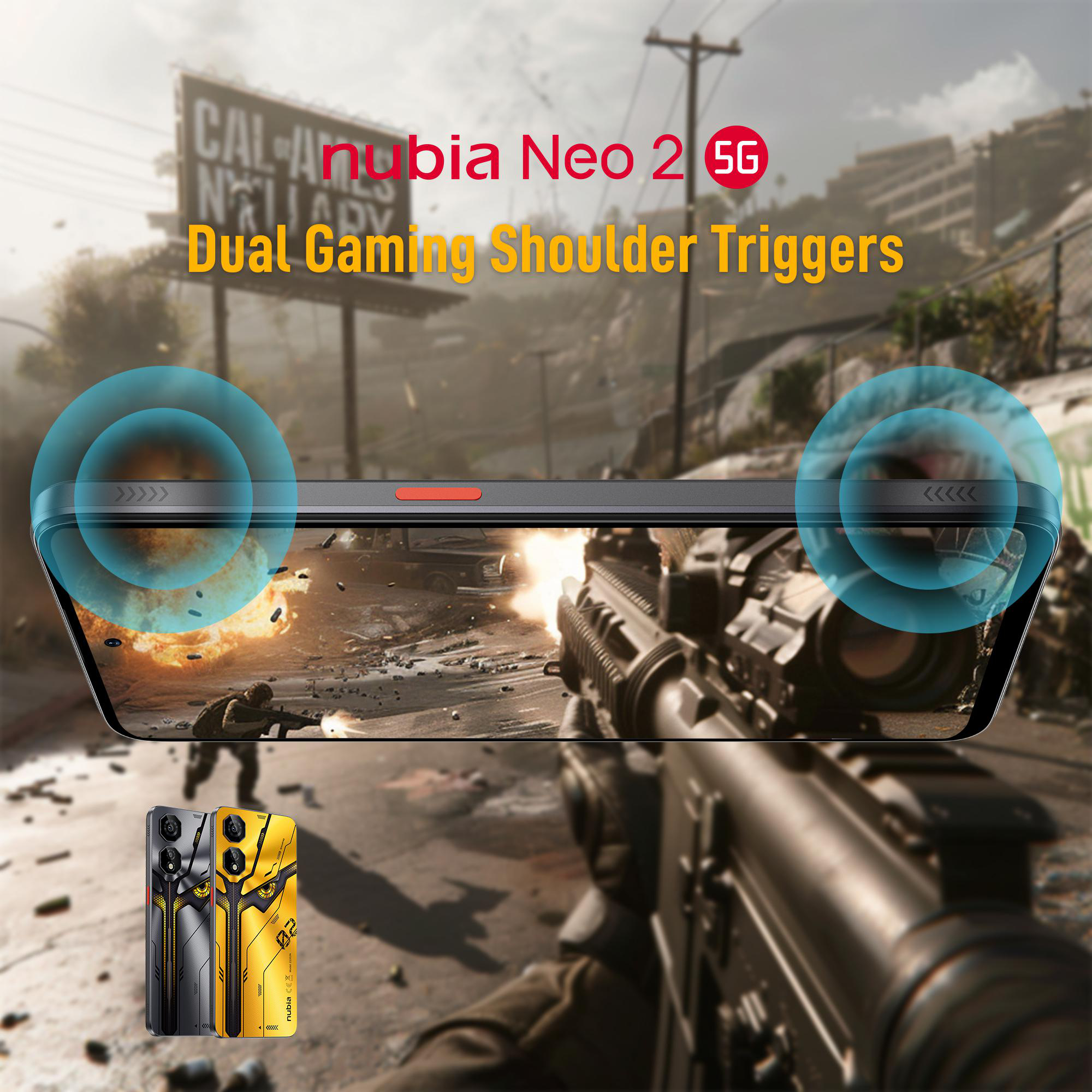 Nubia Neo 2 5G-Handy. Duale Gaming-Trigger. Eine Spielszene ist auf dem Bildschirm. Zwei Telefone unten.