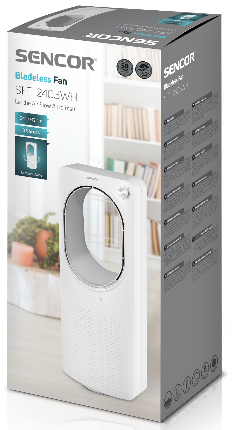 Fehér lapát nélküli ventilátor a dobozában. A dobozon a ventilátor képe és szöveg látható.