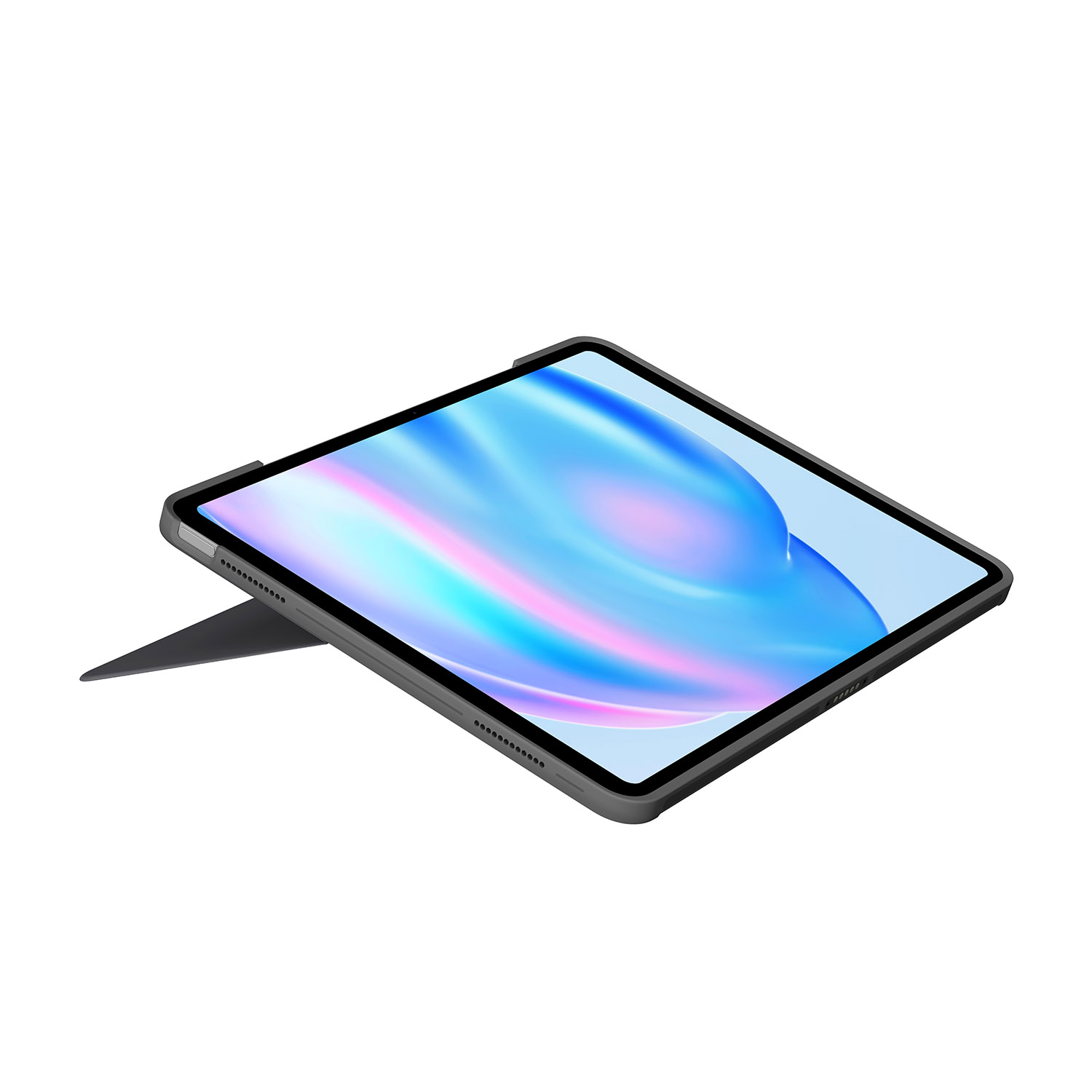 Tablet in custodia, schermo con sfumature blu e rosa.