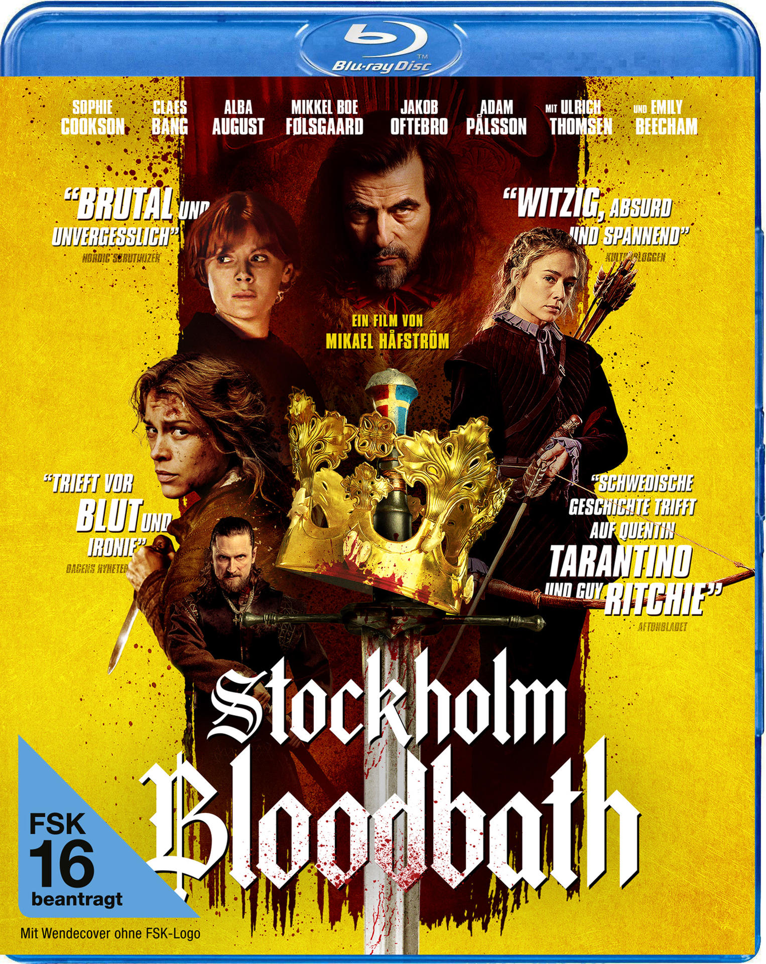 Filmcover mit Schauspielern, einer Krone und einem Schwert auf gelbem Hintergrund mit Text.