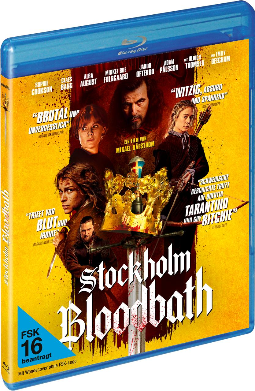 Blu-ray-Disc-Cover für 'Stockholm Bloodbath', mit einer Gruppe von Personen mit Krone, Schwert und Pfeilen.