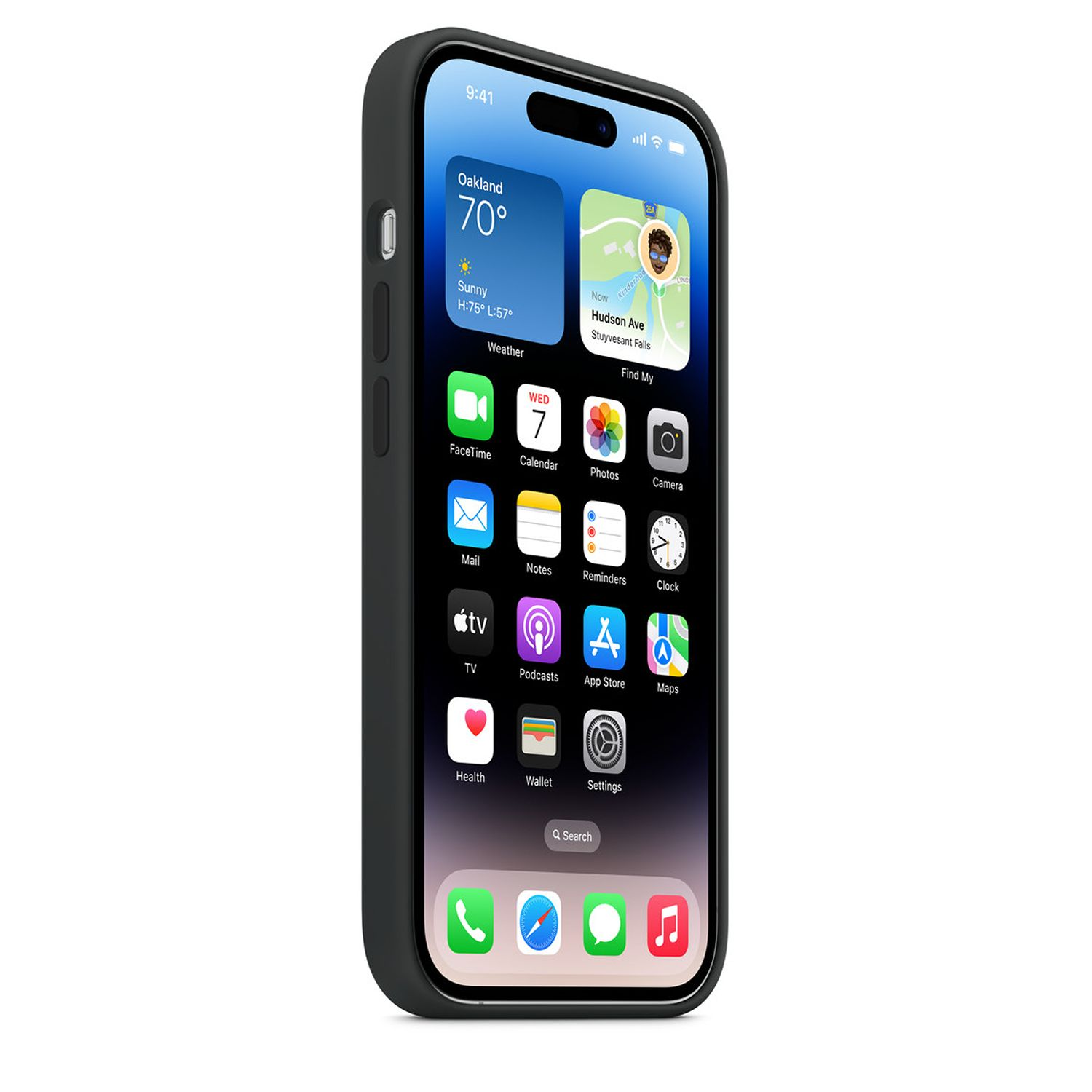 Un iPhone dans un étui noir affichant son écran d'accueil avec des icônes météo et applications.